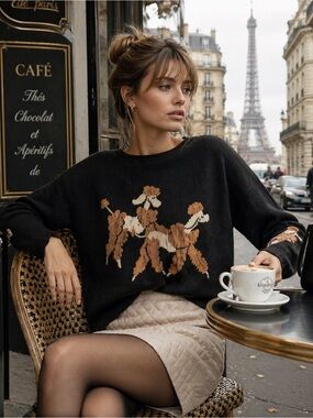Anthropologie Maeve 100% Cashmere Poodle Intarsia Sweater Black Size L Soft Knit